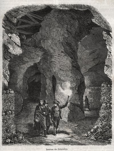 Visit of the Catacombs of Paris in the 19th century - Engraving in 