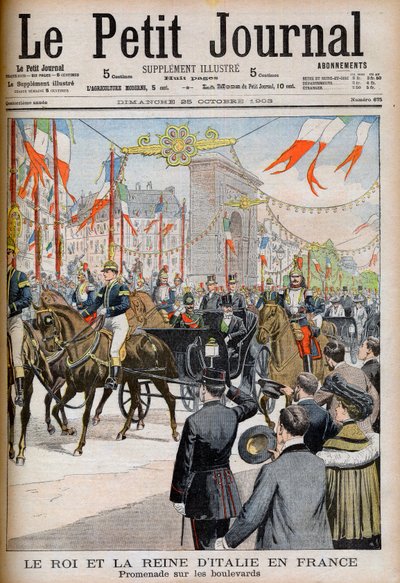Visit of the King and Queen of Italy to France. The King and Queen of Italy in France. Promenade on the boulevards with Le President of the French Republic Emile Loubet - Illustration for Le Petit Journal, 25 October 1903 - Victor Emmanuel III by French School