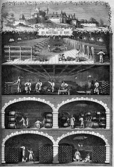 Viticulture: view of the champagne cellars in the basements of the old castle of the archeveques of Reims, Marne (51) by French School