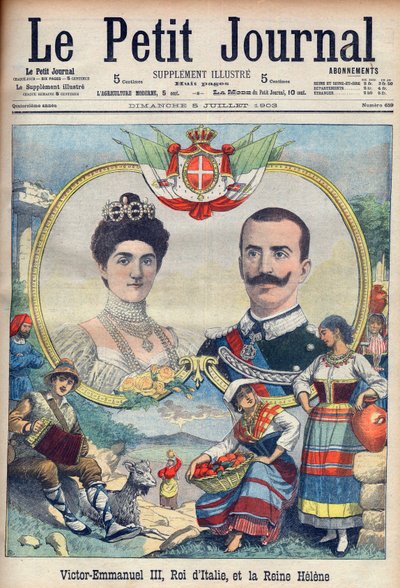 Vittorio Emanuele III di Savoia and Elena di Savoia - King Victor Emmanuel III and Queen Elena of Italy. Victor Emmanuel III, King of Italy, and Queen Helene. Illustration for Le Petit Journal, 5 July 1903 by French School
