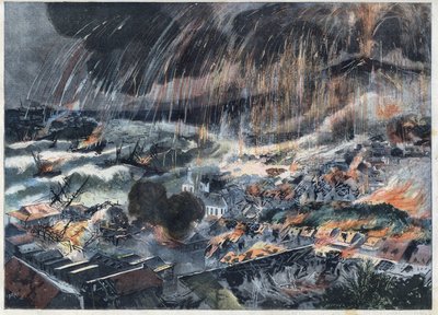Volcanic eruption from Mount Pelee in Martinique: the volcano destroyed the city of Saint Pierre. Engraving in 