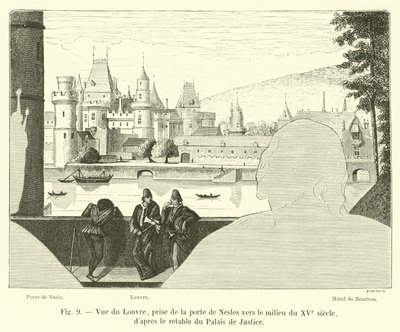 View of the Louvre, taken from the Nesles gate towards the middle of the 15th century, after the altarpiece of the Palais de Justice by French School