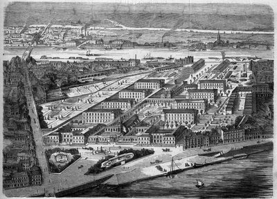 External view of the Hotel Dieu in Nantes, inaugurated in 1863. This hospital will be almost entirely destroyed during a bombing in 1943. Loire Atlantique (44). Engraving in "Le Monde Illustre" n°347 of 5 December 1863 by French School
