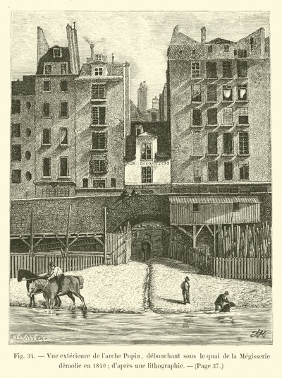 Exterior view of the Arche Popin, opening under the Quai de la Megisserie demolished in 1840; after a lithograph by French School