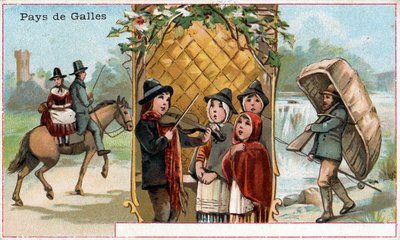 Wales, a promotional card for the drink Chicorée à la Bergère with depictions of Welsh life, c.1890 by French School
