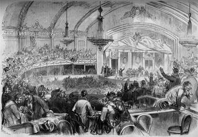 War of 1870 - Legislative Election During the Armistice - February 1871: Election Meeting at the Cabaret des Folies Bergeres in Paris for the Proclamation of Candidates for the National Assembly. Engraving in 
