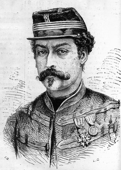 War of 1870: portrait of Leon Franchetti (1834-1870), French soldier, commander of the Scouts of the Seine. Engraving in 