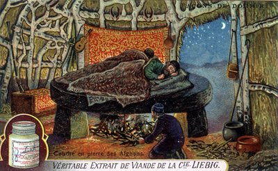 Ways to Sleep: Afghans Stone Layer. Liebig Packaging Chromolithography by French School