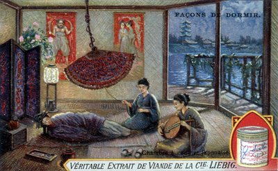 Ways to sleep: Japanese bedroom. Liebig packaging chromolithography by French School