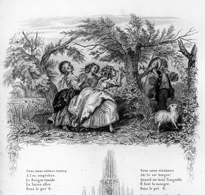 We were three girls. Three girls playing with a shepherd and making him uncomfortable. Engraving in Chants et chansons populaire de la France, Tome 2 by French School