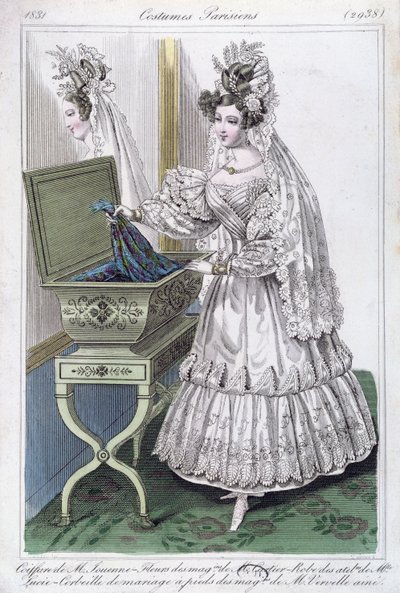 Wedding dress, fashion plate from Costumes Parisiens by French School