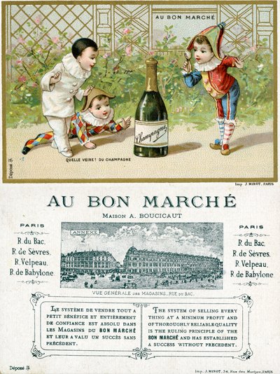 What Luck! a Bottle of Champagne; front and reverse of a promotional card for the Bon Marché Department Stores in Paris, c.1895 by French School