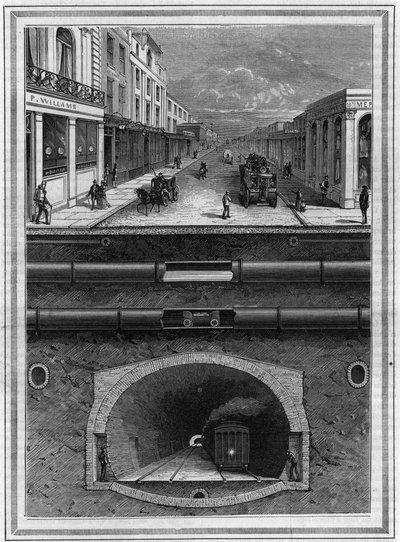 What is under the pavement of London (Great Britain): Gas pipe, water pipe, pneumatic tube for waste, drains, tunnel and rail line for metropolitan areas. Engraving in 