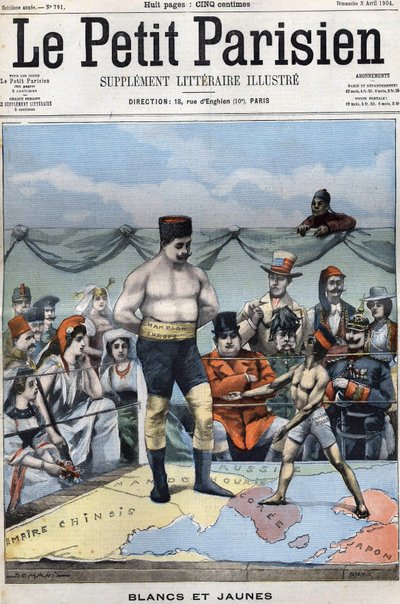 White and Yellow (cartoon about the Russian-Japanese war: countries like France, USA, China... watching Japan and Russia boxing). Cover Le petit Parisien of April 3 by French School