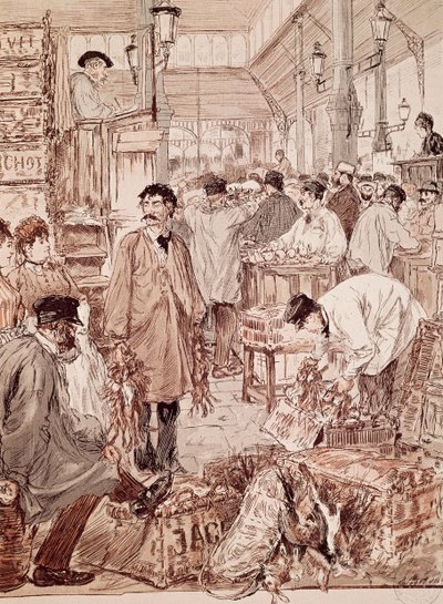 Wild game auction at Les Halles, illustration, Paris by French School