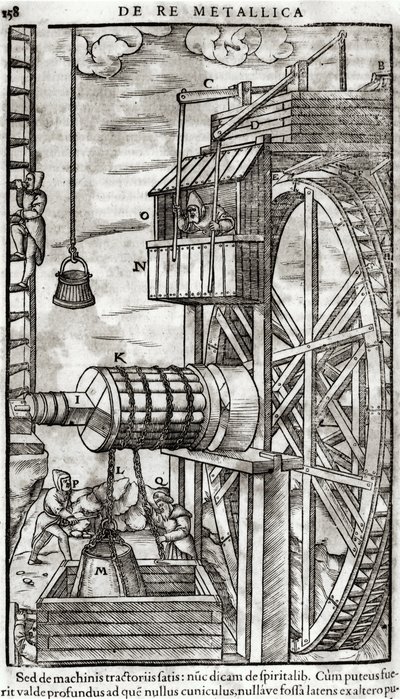 Winch for getting water from a mine, illustration from De Re Metallica by Georg Bauer known as Agricola, 1561 by French School