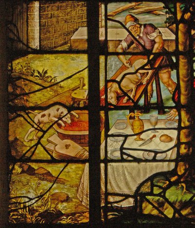Window Charnier-13 depicting the killing of the pig by French School