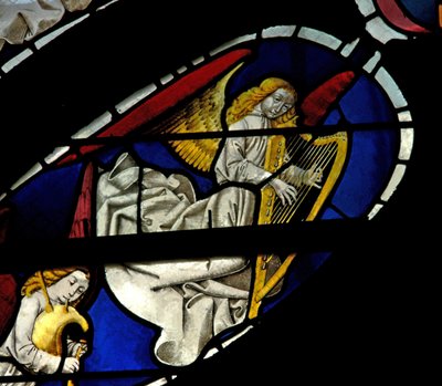 Window depicting musician angels with harp and bagpipe by French School