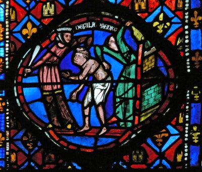 Window Ew-L depicting a scene from the Prodigal Son story: he is thrown out by the courtesans by French School