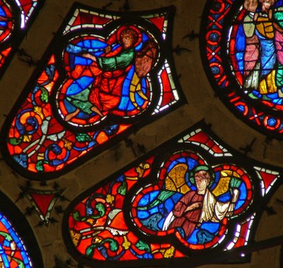 Window depicting a musician angel with a trumpet and other angels by French School