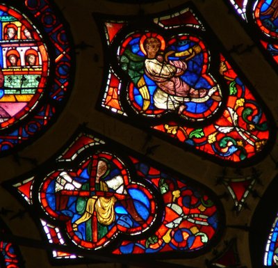 Window depicting an angel with a Passion Instrument - the Cross and an angel with a trumpet at Last Judgement by French School