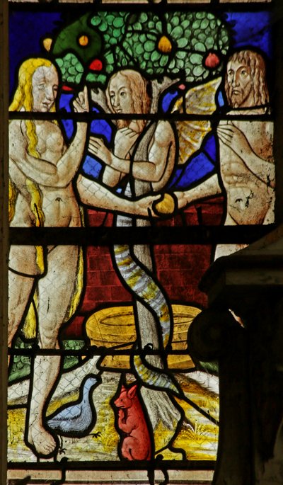 Window depicting Adam and Eve and the serpent by French School