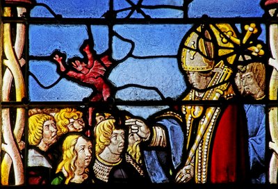 Window depicting Saint Cler: exorcises a demon from Hasterie by French School
