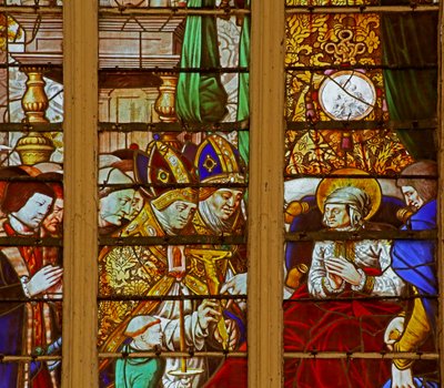 Window depicting Saint Louis: miraculously recovers from illness and vowing to go to the Holy Land by French School