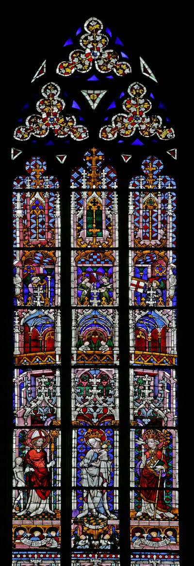 Window depicting Saint Martin, Virgin and Child, Saint Gregory by French School