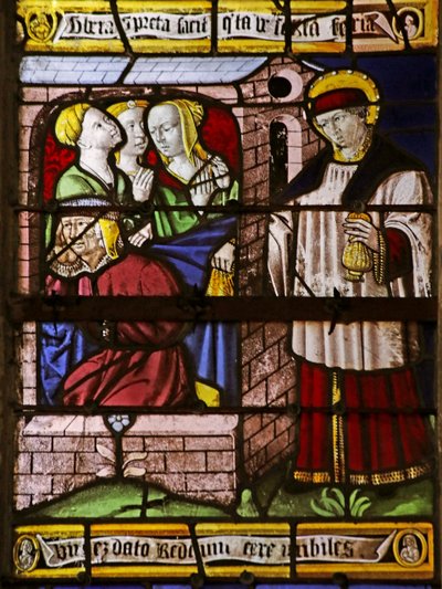 Window depicting Saint Nicholas leaving money for the father of three girls to avoid their going into prostitution by French School
