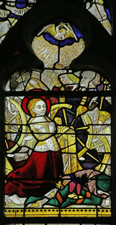 Window depicting St Catherine praying and Angels breaking the wheel by throwing stones by French School