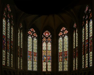 Window depicting a view of east chapel: the central three windows are modern but the others belong to the late thirteenth century by French School