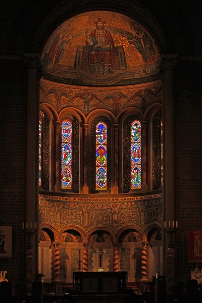 Window depicting a view of the apse with the reset thirteenth century French panels by French School
