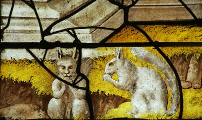 Window depicting squirrels at the base of the window with Emperor Augustus