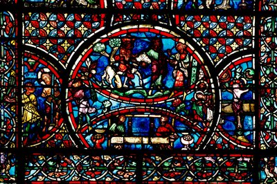Window depicting the Good Samaritan and the Guild of Weavers by French School