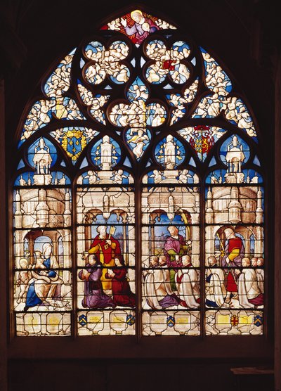 Window Depicting the Virgin and Child with St. John the Baptist, St. Peter Presenting Pierre Tullier and His Wife, St. John Presenting Jehan, Francois and Pierre Tullier and St. James Presenting Four by French School