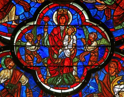 Window depicting the Virgin holding Christ on her knee and a rose in her right hand (detail) by French School