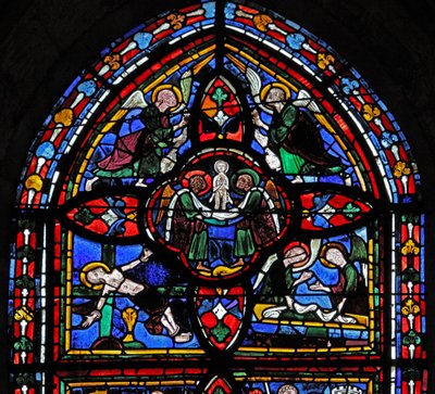 Window depicting the fifth section of window w7: the death of St Peter: his soul ascends to heaven by French School