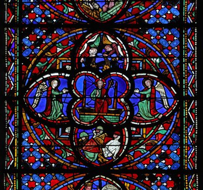 Window depicting the fourth section: the Resurrection: with the sleeping soldiers and censing angels by French School
