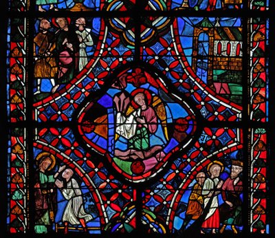Window depicting the second section of the St James window: in the centre are the nails of the Passion; Philetus is converted; Hermogenes with St James; a church; St James with 2 men by French School