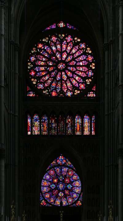 Window depicting the west end of the cathedral with the two rose windows by French School
