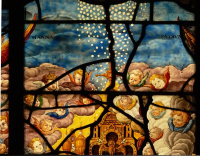 Window in the Charnier depicting the Adoration of the Host: Manna from Heaven: cherubs by French School