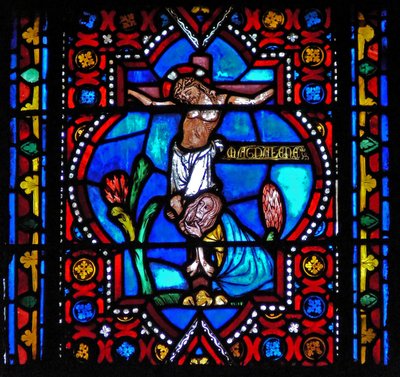 Window n1-L depicting a scene from the life of St Mary Magdalene - the saint at the foot of the Cross by French School