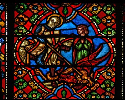 Window n3 depicting scenes from the life of St George; kills dragon by French School