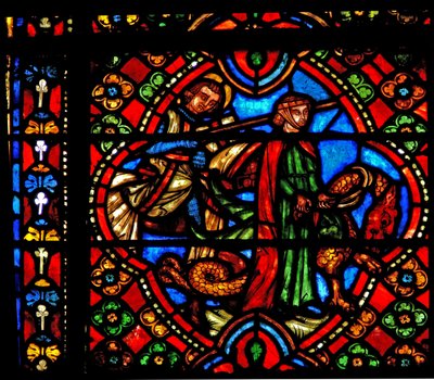 Window n3 depicting scenes from the life of St George; the dragon is tamed by French School