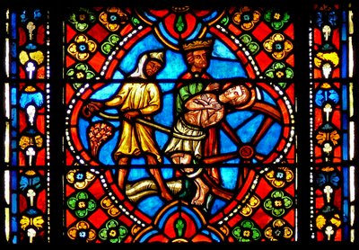 Window n3 depicting scenes from the life of St. George: tortured on the wheel by French School