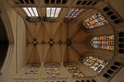 Window view of choir depicting the choir vaults and clerestory windows of the choir by French School