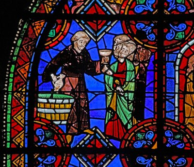 Window depicting Pilgrims at the tomb of St Julian of Brioude where wine is distributed by French School