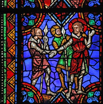 Window depicting St Julian of Brioude story - St Ferreol, a friend of Julien, who died during the Diocletian persecutions, is arrested by French School