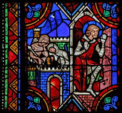 Window depicting St Julian of Brioude story - St Ferreol, a friend of Julien, who died during the Diocletian persecutions, escapes by French School